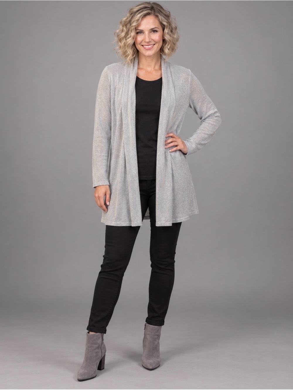 EUC Silver Shimmer Lightweight Open-Front Cardigan Sweater